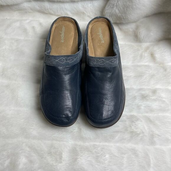 Easy Spirit leather navy blue clogs 3”heels rubber soles size 9.5W - Picture 1 of 10